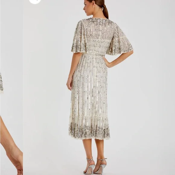 New Mac Duggal Silver Flounce Sleeve Midi Dress 5579 Size 4 - Picture 2 of 11